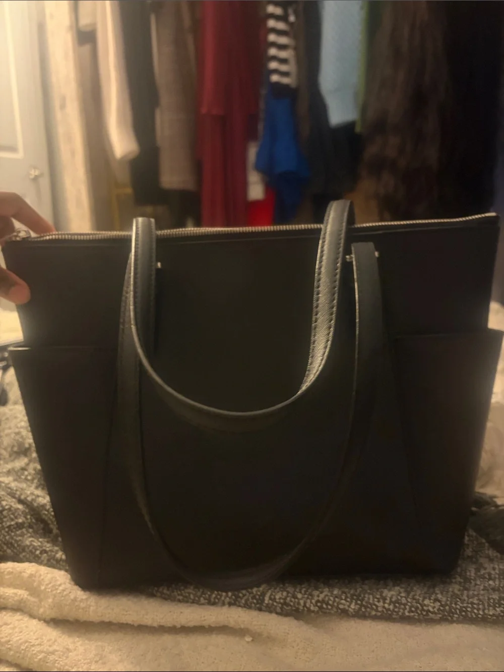 Michael Kors Black Leather Tote with Gold MK Charm